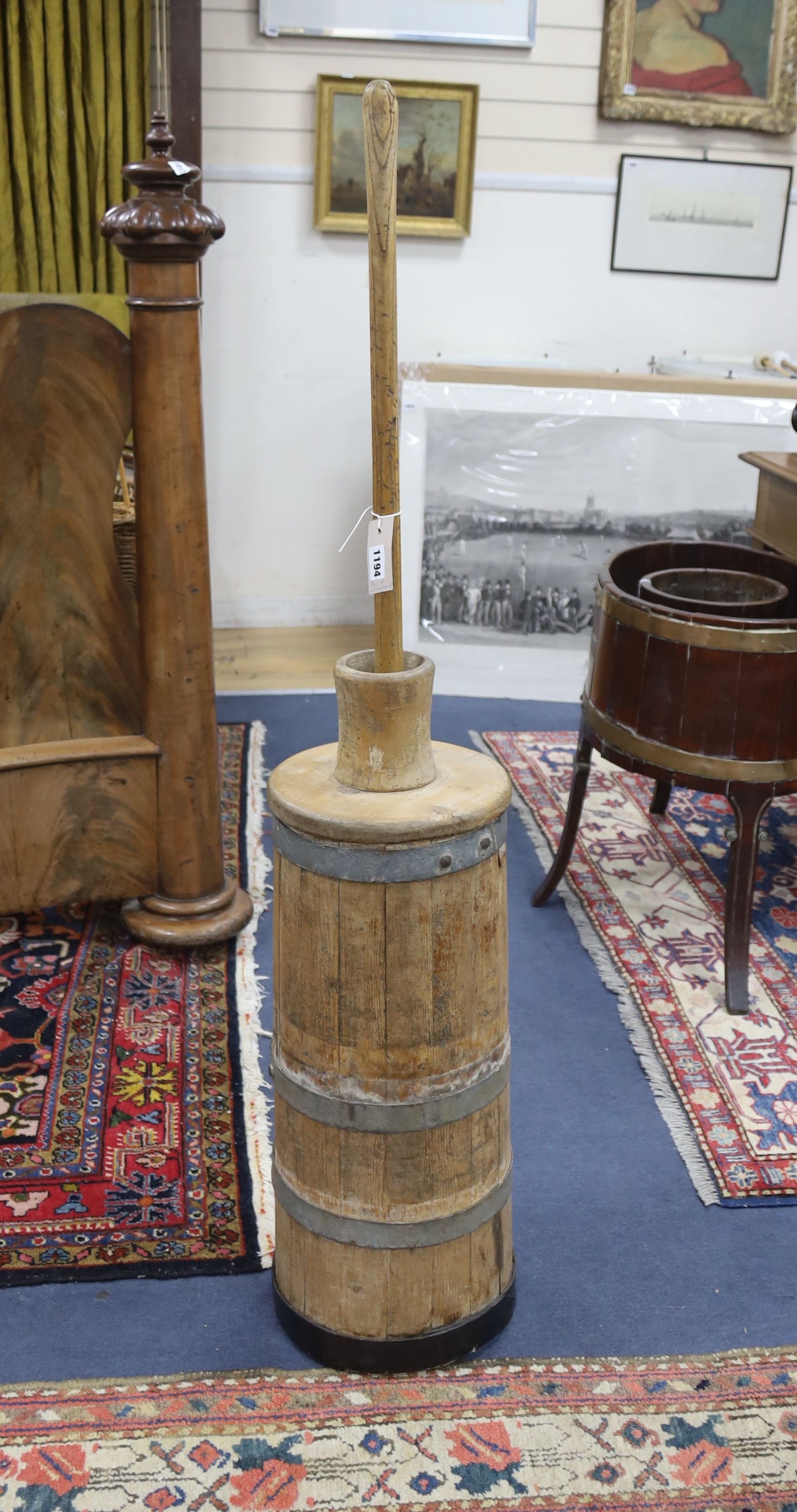 A Victorian washing dolly, height 128cm, together with a pair of small pine hanging corner cabinets